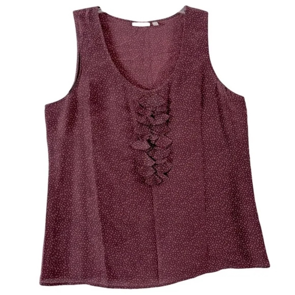Halogen | Burgundy Pink Silk Dotted Ruffle Sleeveless Tank Blouse, Large